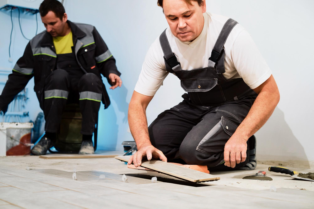 two workers installing floor tiles.