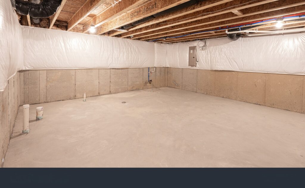 an unfinished basement with interior waterproofing installed.